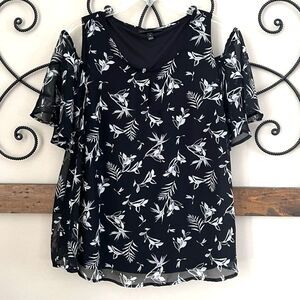Lane Bryant Chiffon Cold Shoulder Ruffle Black White Floral Print Blouse